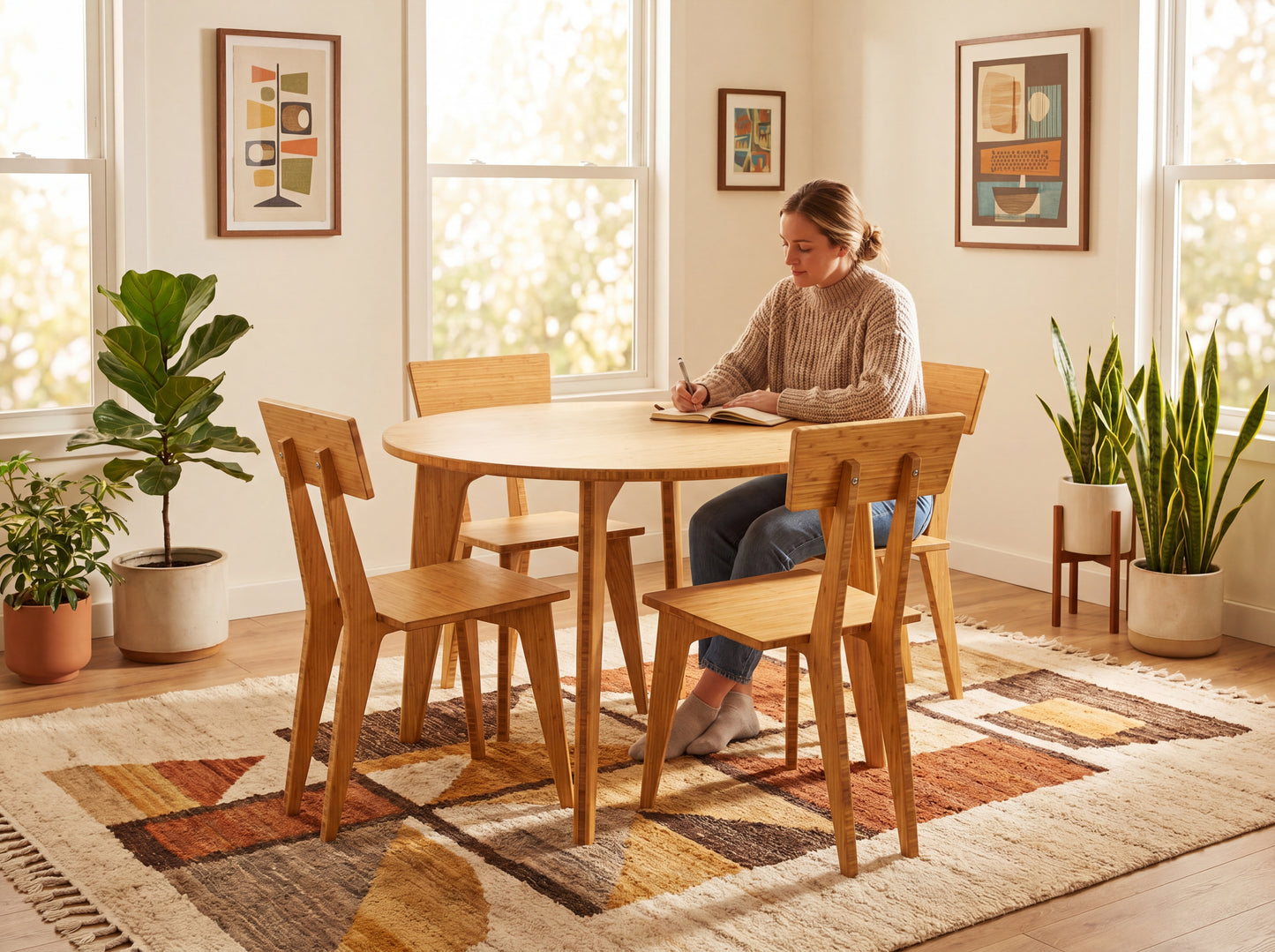 Woman sitting at a bamboo dining table in a bright room with plants and framed art.