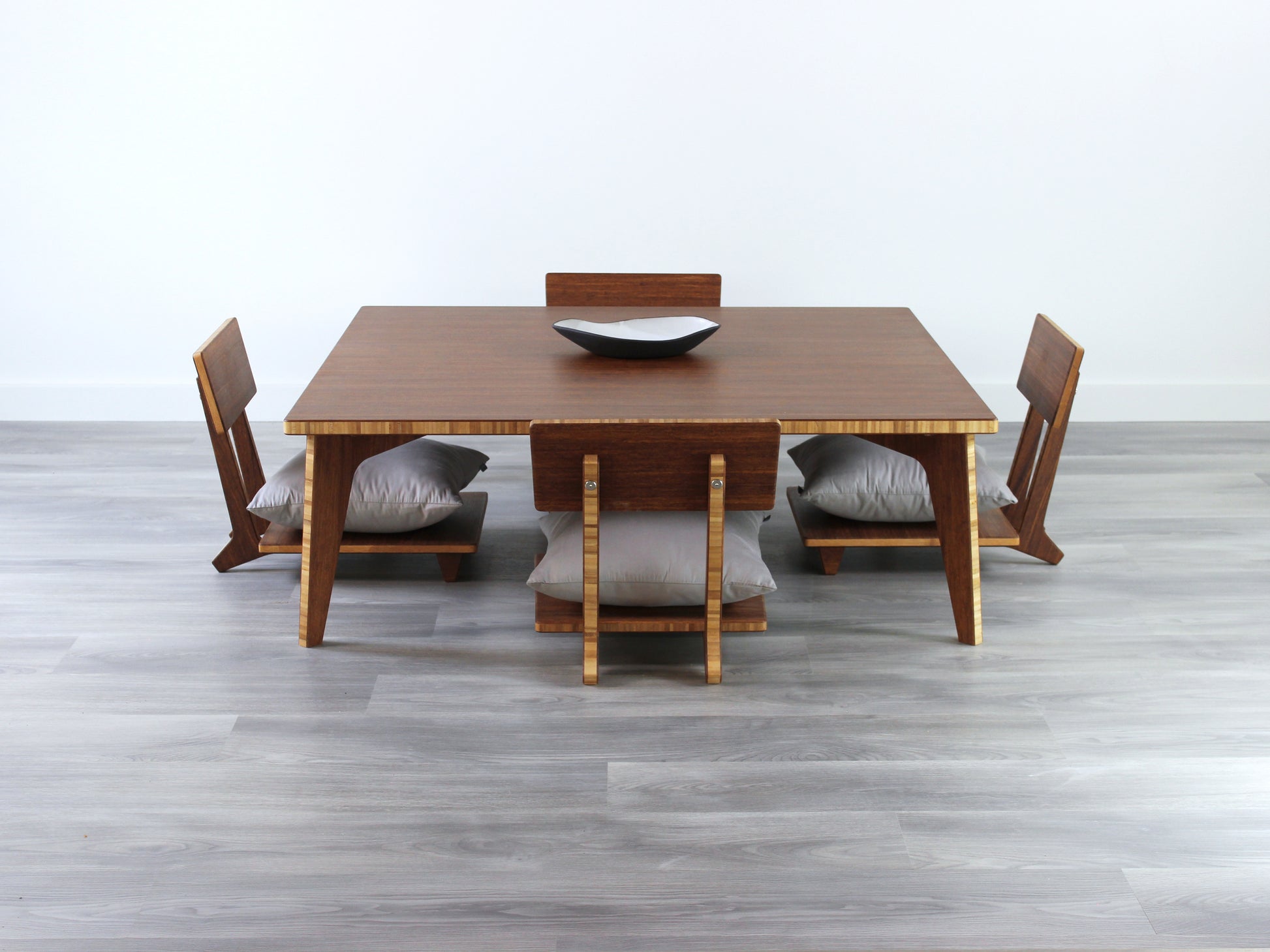 Custom Large floor table set with floor chairs in bamboo with a chestnut color finish, featuring a mid-century modern design, ideal for contemporary living rooms Canada made