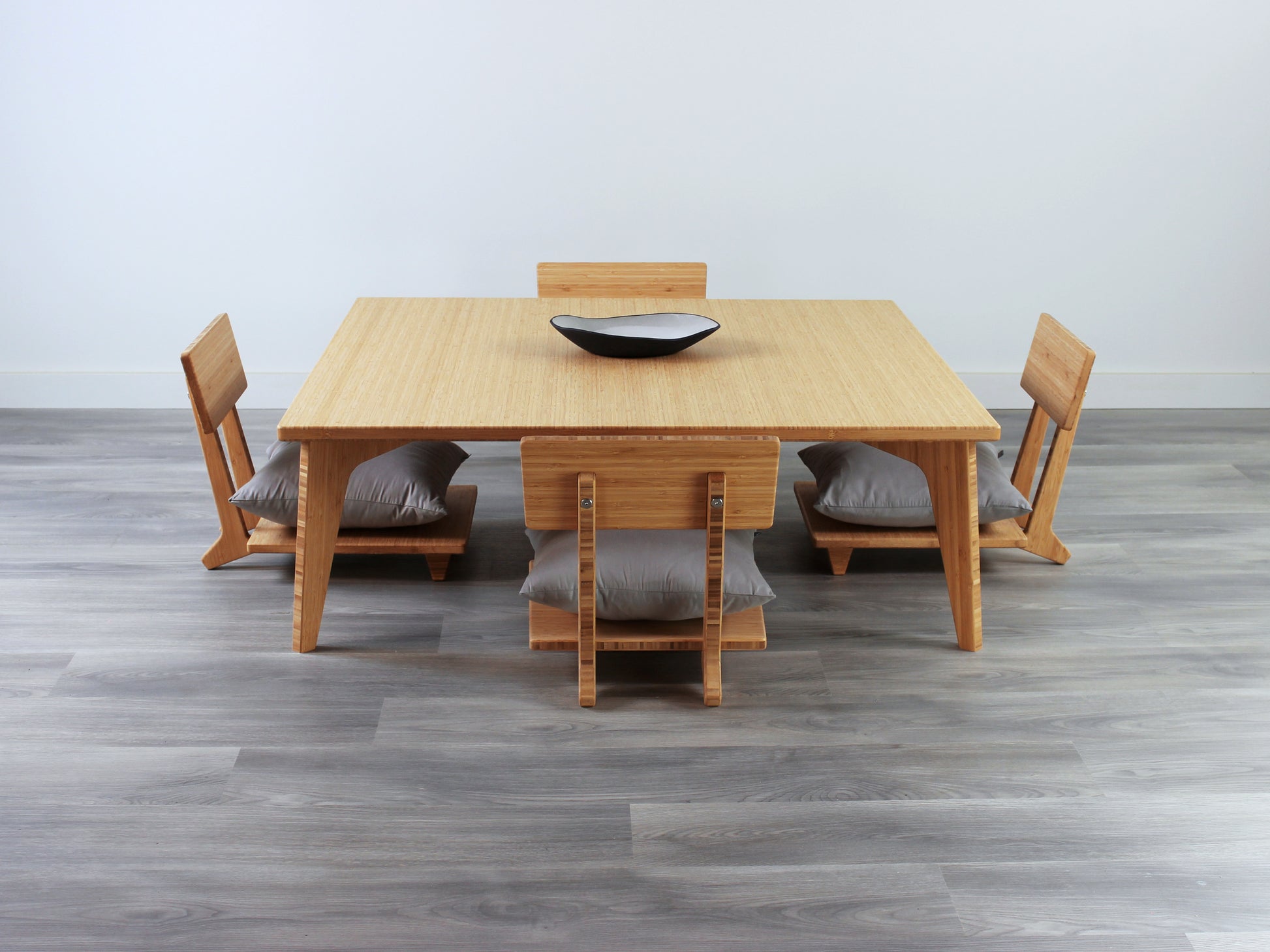 Custom Large floor table set with floor chairs in bamboo with a Natural color finish, featuring a mid-century modern design, ideal for contemporary living rooms Canada made