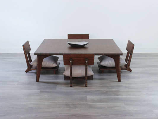 Custom Large floor table set with floor chairs in bamboo with a Walnut color finish, featuring a mid-century modern design, ideal for contemporary living rooms Canada made