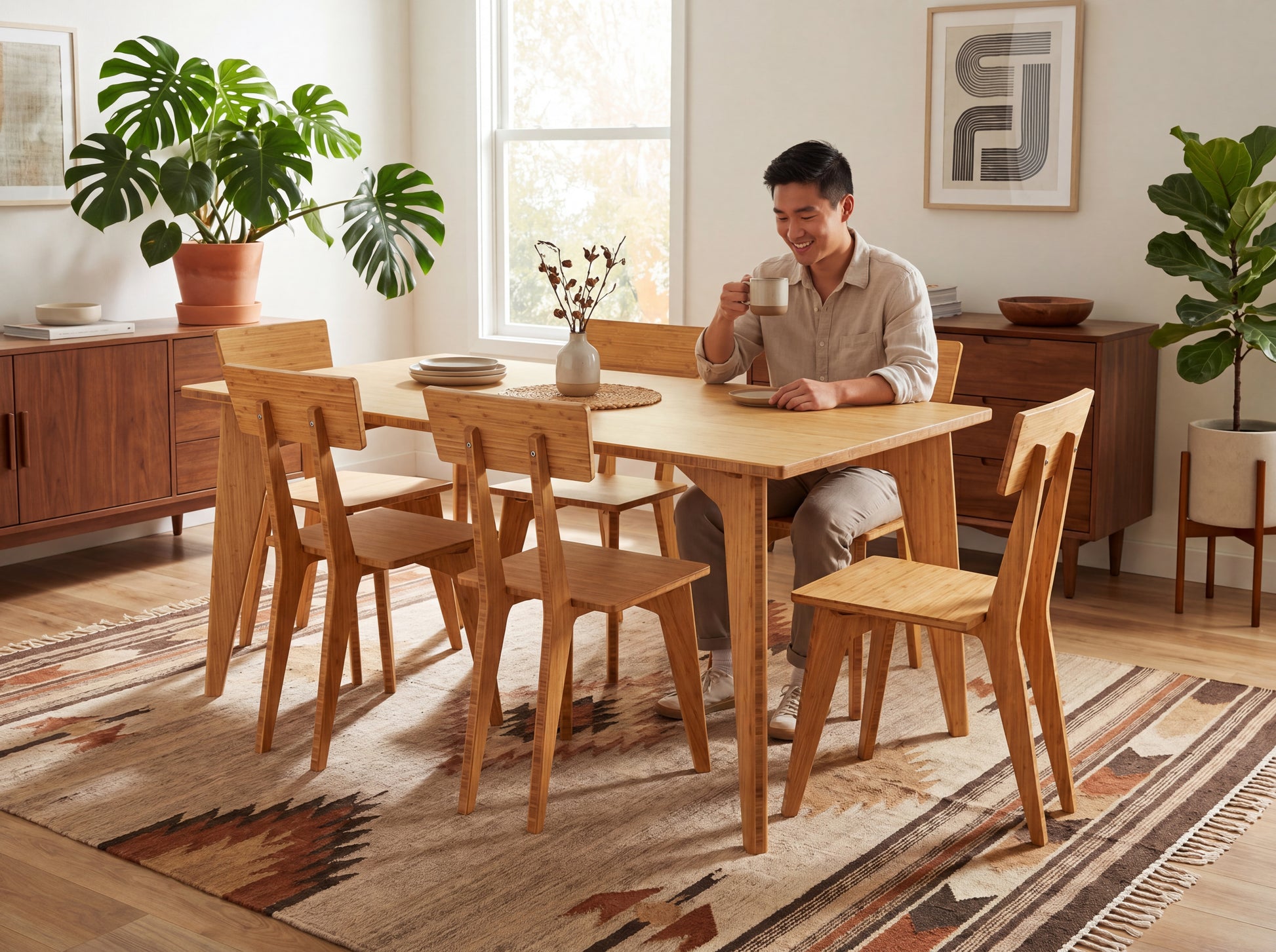 Man sitting at a bamboo dining table in a bright room with plants and furniture.