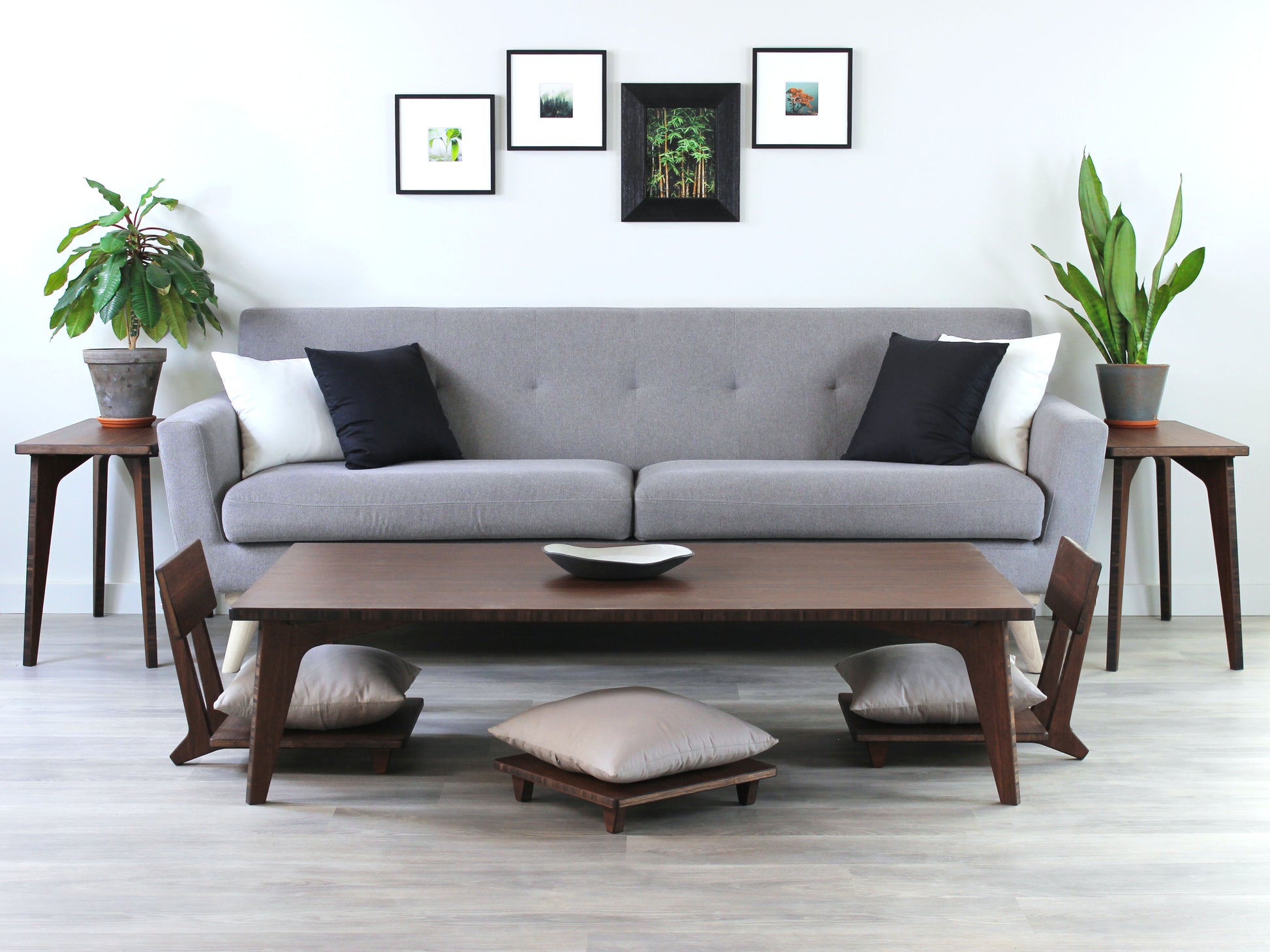Large Rectangle Table Set - Walnut. Set on a grey floor, against a white background. Two Floor Chair Comfort and one Floor Chair Comfort set underneath. A black pottery vessel on table top.

low table, coffee table, dining table, floor desk, floor chair, floor seating, low dining table, chabudai, tatami, kotatsu, minimalist, minimalist table,
modern, japanese low table, japanese table, kotatsu, large coffee table,
large dining table