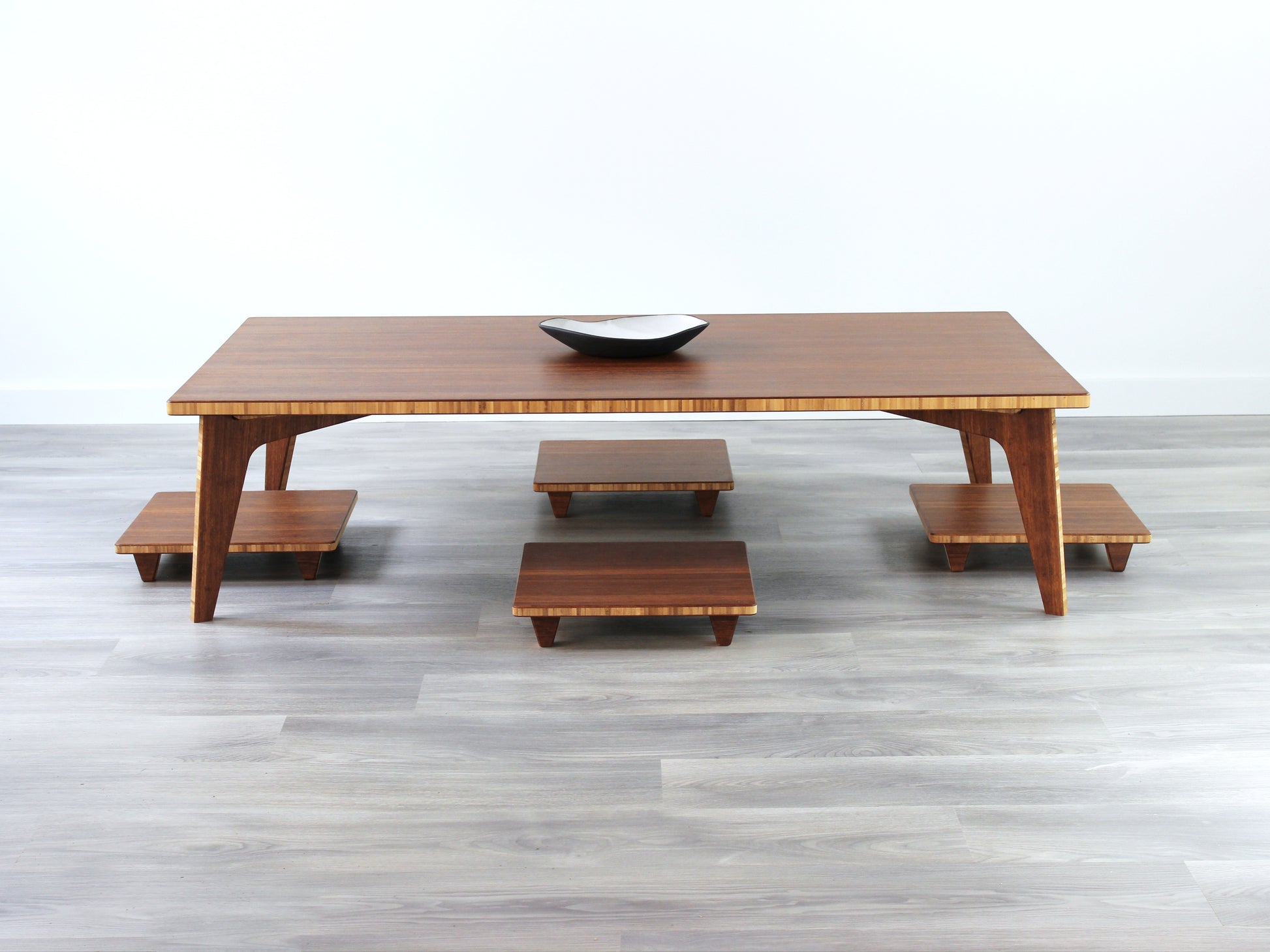 Large Rectangle Table Set - Chestnut. Set on a grey floor, against a white background. 

low table, coffee table, dining table, floor desk, floor chair, floor seating, low dining table, chabudai, tatami, kotatsu, minimalist, minimalist table,
modern, japanese low table, japanese table, kotatsu, large coffee table,
large dining table
