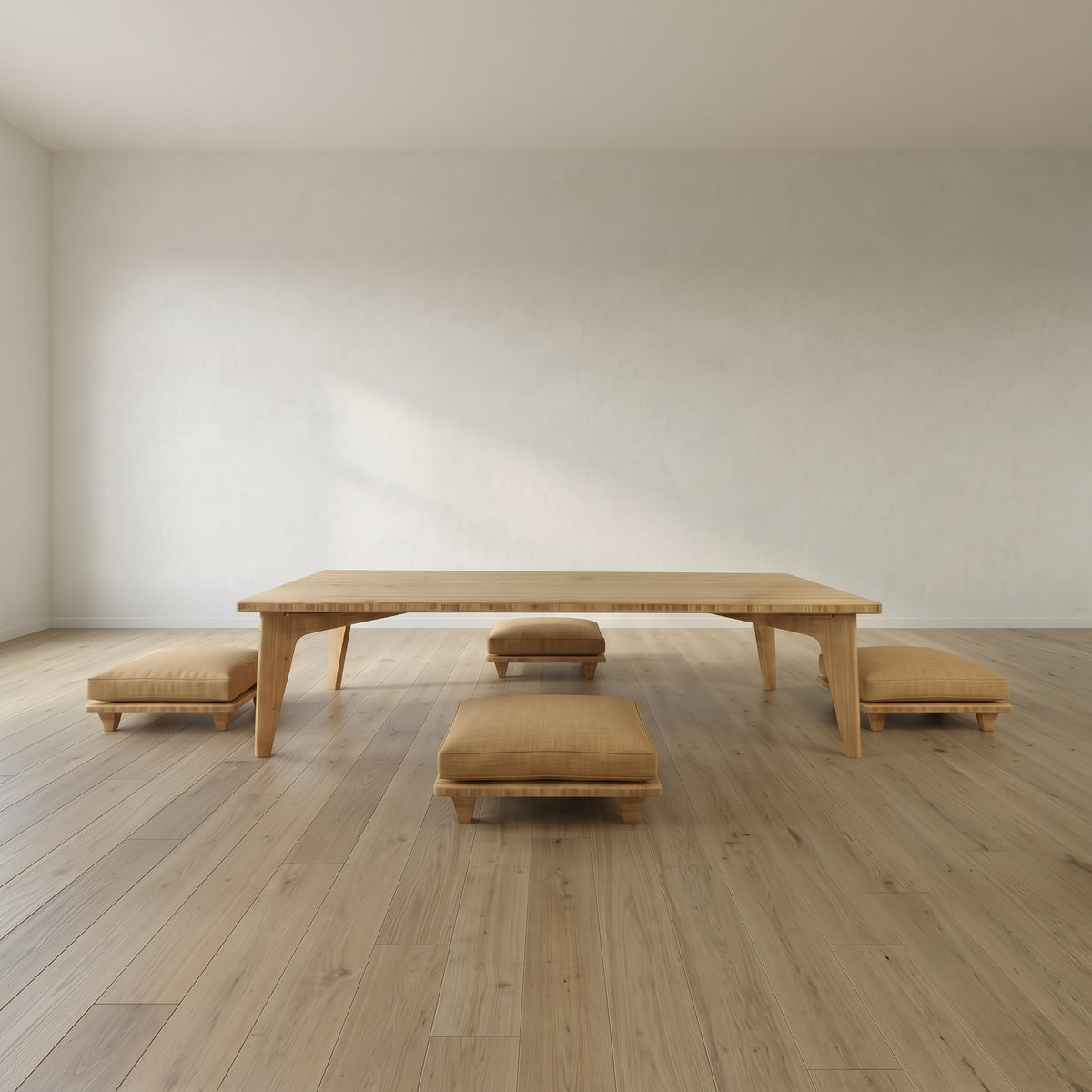 Reforest Design's Japanese-inspired low table set featuring four seats wish cushions in a big open space.