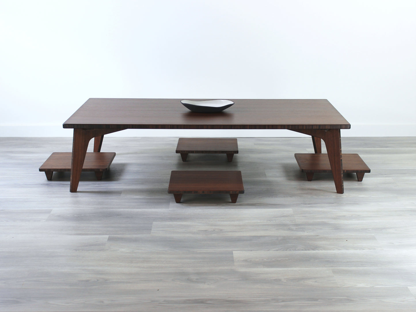 Large Rectangle Table Set - Walnut. Set on a grey floor, against a white background. 

low table, coffee table, dining table, floor desk, floor chair, floor seating, low dining table, chabudai, tatami, kotatsu, minimalist, minimalist table,
modern, japanese low table, japanese table, kotatsu, large coffee table,
large dining table
