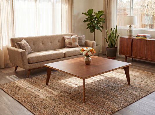Living room with beige sofa, bamboo coffee table, and decorative elements.

Square low table 
japanese furniture
japanese low table
low coffee table
low dining table
low table
mid century
minimalist
minimalist table
modern
chabudai