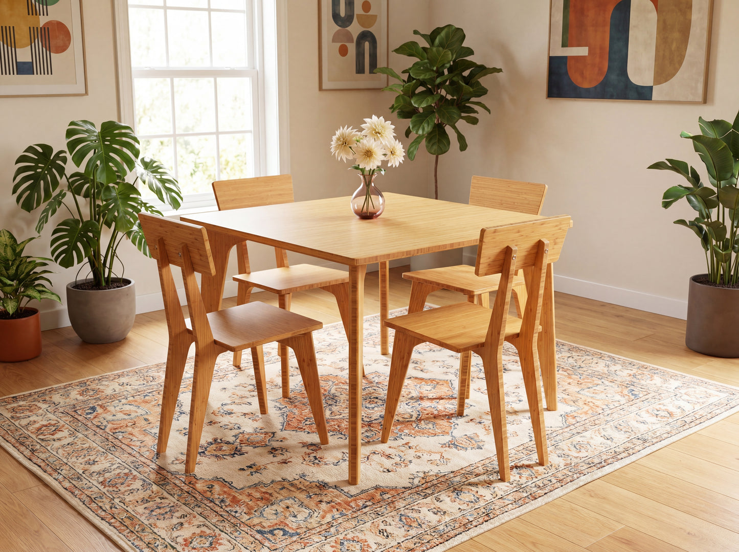 Dining room with bamboo table and chairs on a patterned rug, surrounded by plants.