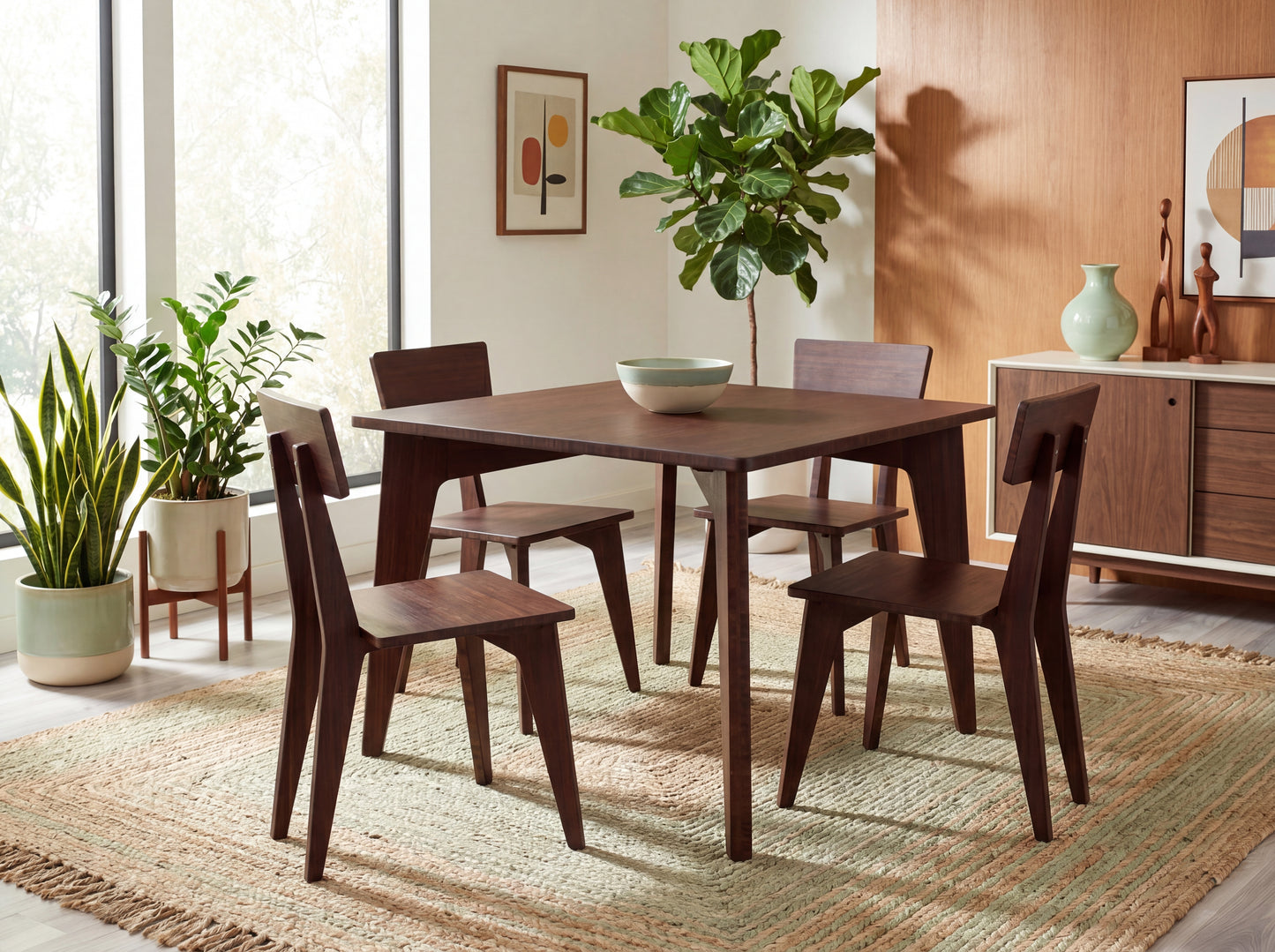 Dining room with bamboo table and chairs, plants, and a rug.