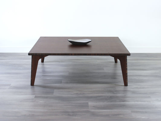 Custom Large square floor table in bamboo with a chestnut color finish, featuring a Japandi style design, perfect for minimalist and modern interiors made in canada