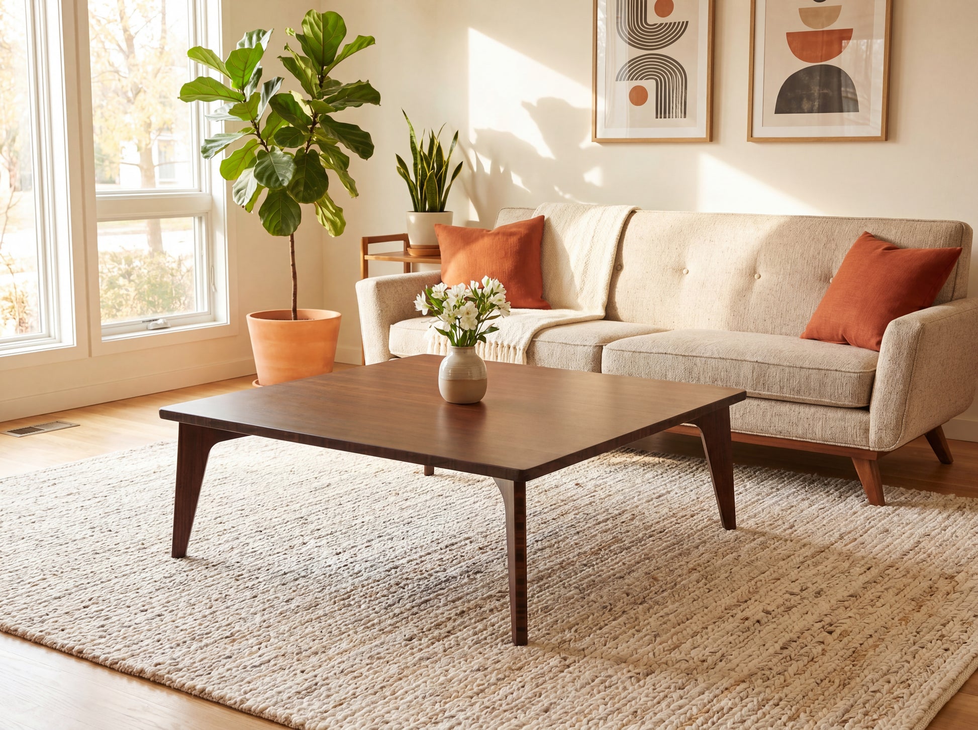 Living room with a beige sofa, bamboo coffee table, and decorative elements.

Square low table 
japanese furniture
japanese low table
low coffee table
low dining table
low table
mid century
minimalist
minimalist table
modern
chabudai