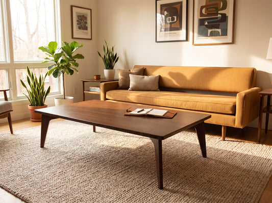 Bamboo walnut table on rug with yellow couch behind it.

japanese furniture
japanese low table
low coffee table
low dining table
low table
mid century
minimalist
minimalist table
modern