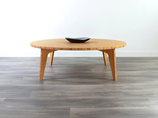 Custom Large circle bamboo table with Natural color finish, featuring a mid-century modern design, perfect for stylish interiors made in Canada