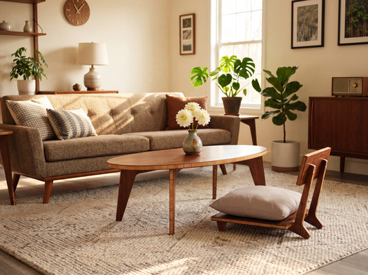 Living room with a brown sofa, bamboo coffee table, and decorative elements.

Japandi, minimalist, mid-century, Japanese inspired, modern, contemporary, clean lines, organic design, sustainable bamboo, renewable bamboo, solid bamboo, eco-friendly furniture, natural materials, natural-based finish