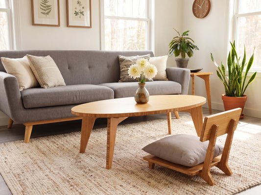 Modern living room with bamboo coffee table, chairs, and decorative plants.

Japandi, minimalist, mid-century, Japanese inspired, modern, contemporary, clean lines, organic design, sustainable bamboo, renewable bamboo, solid bamboo, eco-friendly furniture, natural materials, natural-based finish