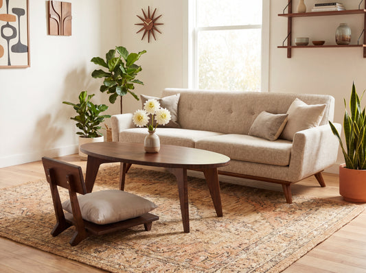 Living room with beige sofa, bamboo coffee table, and decorative elements.

Japandi, minimalist, mid-century, Japanese inspired, modern, contemporary, clean lines, organic design, sustainable bamboo, renewable bamboo, solid bamboo, eco-friendly furniture, natural materials, natural-based finish