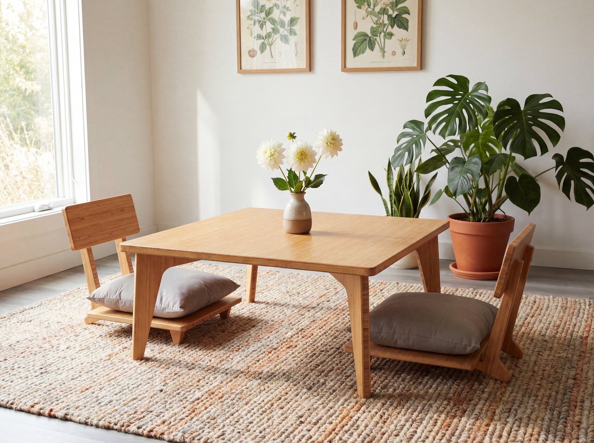 Bamboo table with cushioned chairs in a bright room with plants and framed pictures.

sustainable bamboo, renewable bamboo, solid bamboo, eco-friendly furniture, zero-waste, carbon neutral, natural materials, natural-based finish, repairable furniture
