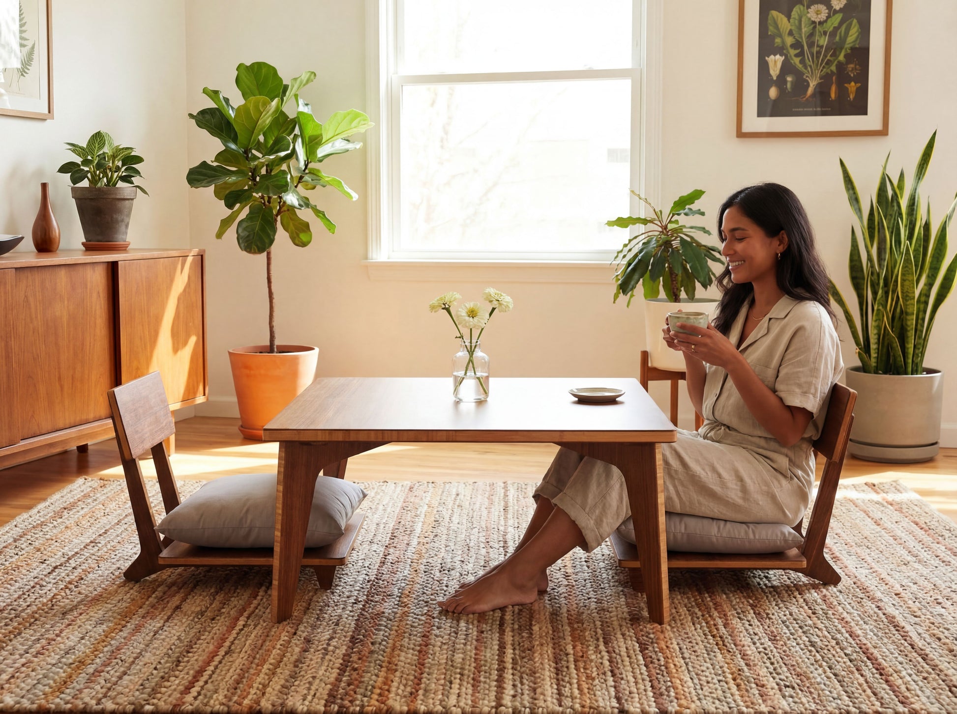 Woman sitting at a bamboo table in a cozy living room with plants and a rug.

sustainable bamboo, renewable bamboo, solid bamboo, eco-friendly furniture, zero-waste, carbon neutral, natural materials, natural-based finish, repairable furniture