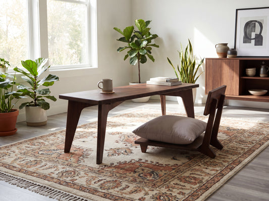 Dining room with bamboo table, chairs, and decorative plants.

sustainable bamboo, renewable bamboo, solid bamboo, eco-friendly furniture, zero-waste, carbon neutral, natural materials, natural-based finish, repairable furniture, japanese inspired, chabudai, mid-century, low desk, low work.