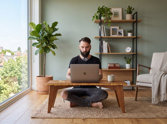 Man sitting cross-legged on a bamboo floor using a laptop in a home office setting.

mid century, minimalist, minimalist table, modern, square coffee table, table, tatami, Floor chair with back, posture support, low chair, chestnut bamboo