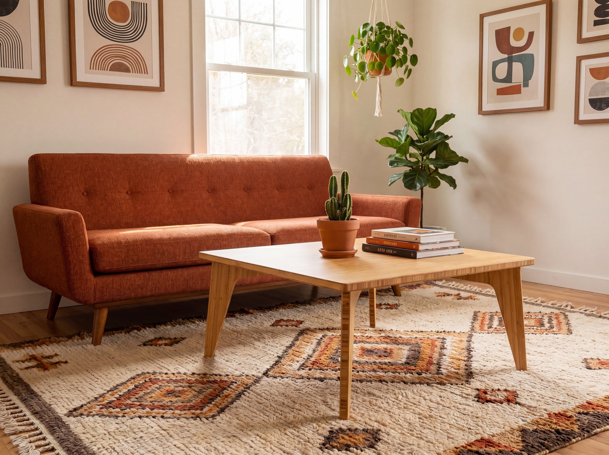 Living room with a brown sofa, bamboo coffee table, and decorative elements.

japanese furniture
japanese low table
low coffee table
low dining table
low table
mid century
minimalist
minimalist table
modern
