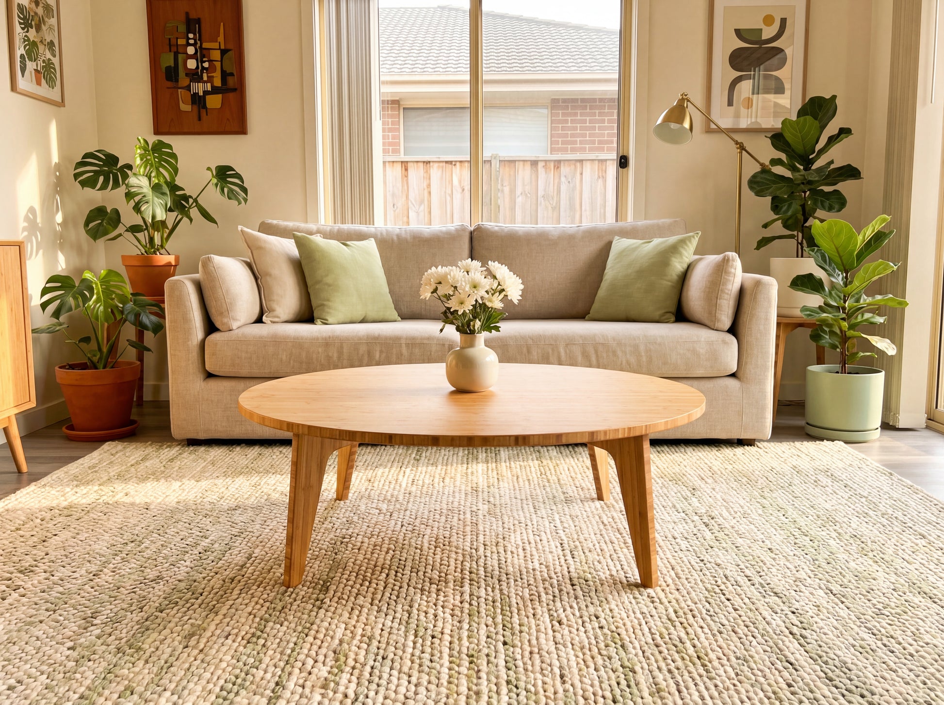 Living room with a beige sofa, bamboo coffee table, and potted plants.

japanese furniture
japanese low table
low coffee table
low dining table
low table
mid century
minimalist
minimalist table
modern