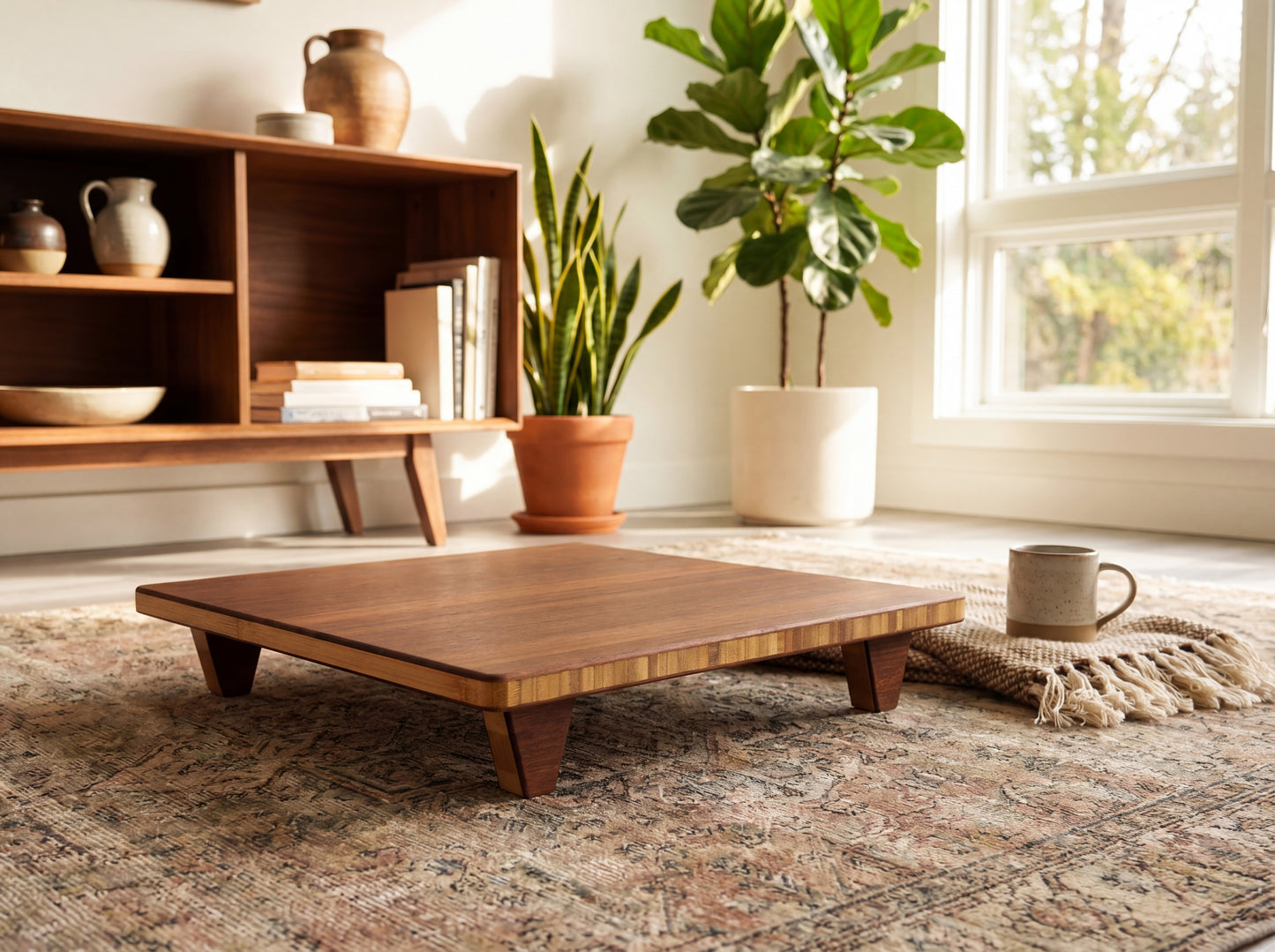 Bamboo floor chair in a living room with plants and a rug

Meditation Chair 
Japanese Tea Table 
Kotatsu
low chair
posture support 
ergonomic 
minimilist 
