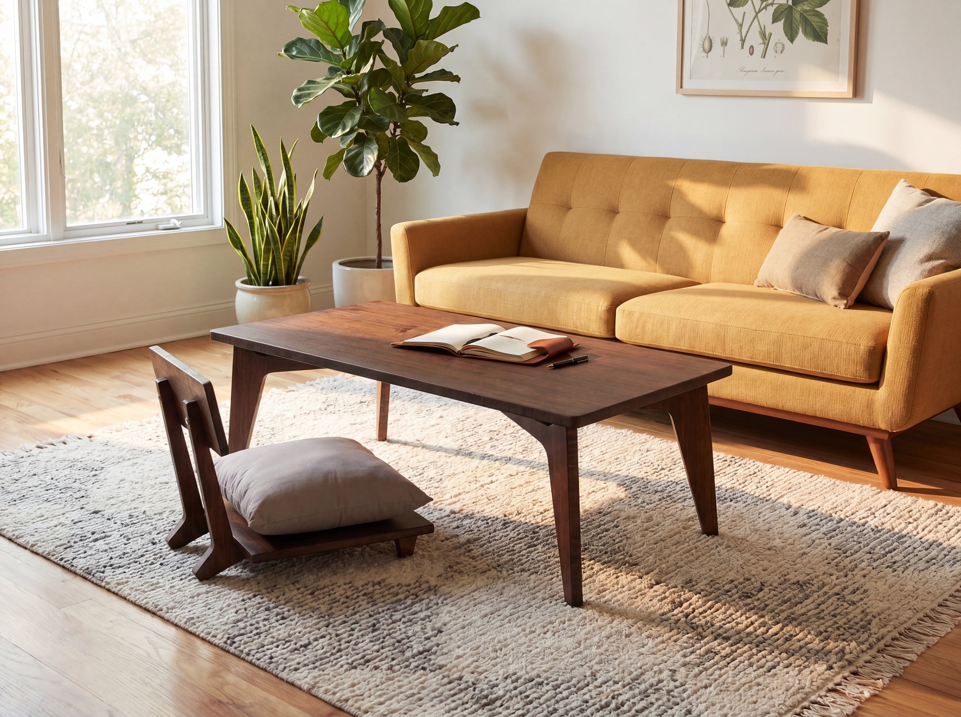 Living room with yellow sofa, bamboo coffee table, and plants

sustainable bamboo, renewable bamboo, solid bamboo, eco-friendly furniture, zero-waste, carbon neutral, natural materials, natural-based finish, repairable furniture, japanese inspired, chabudai, mid-century