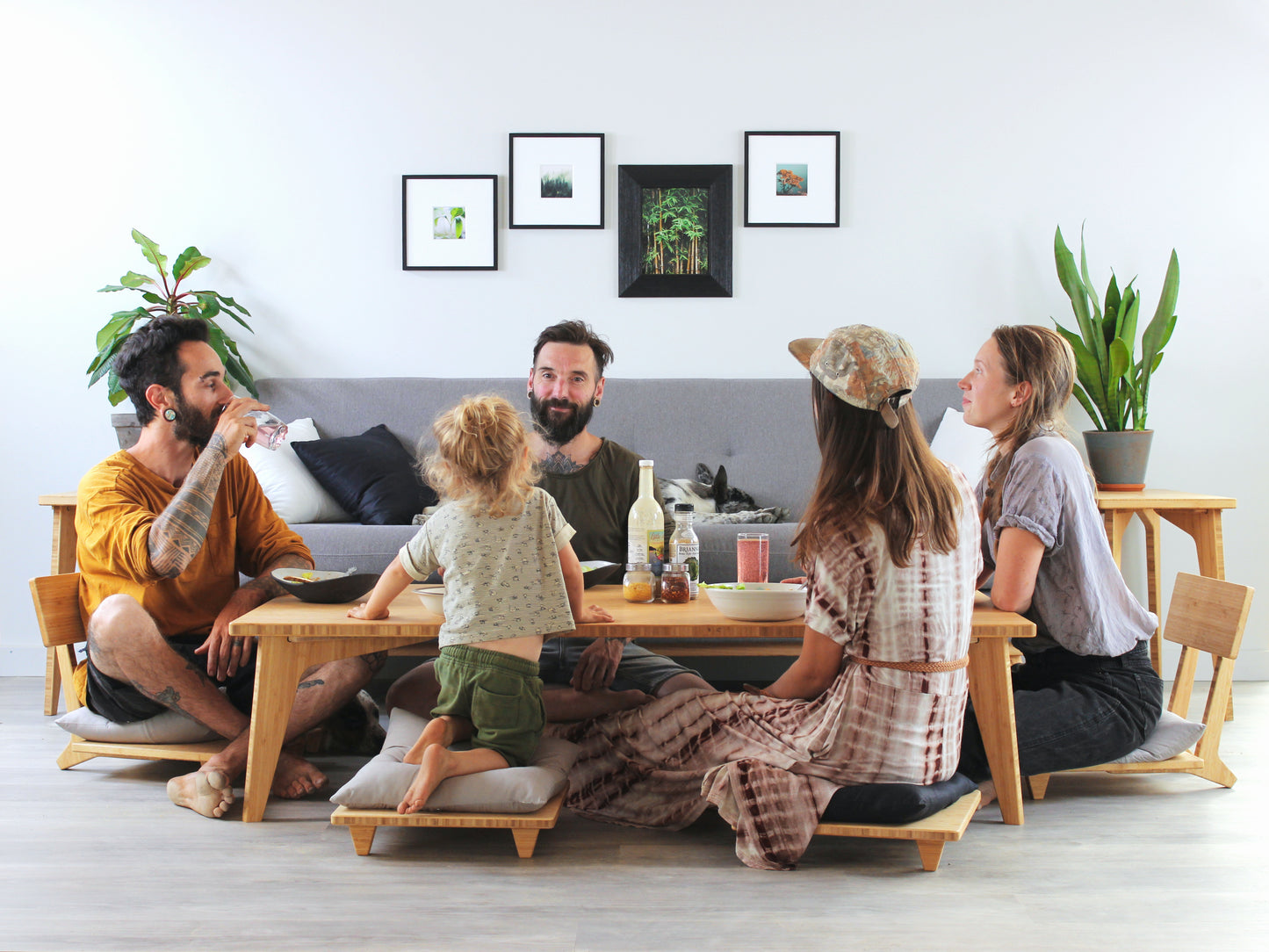 Family sitting around a bamboo table in a modern living room

Meditation Chair 
Japanese Tea Table 
Kotatsu
low chair
posture support 
ergonomic 
minimilist 