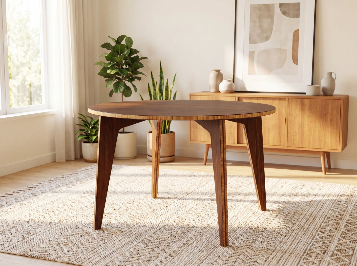 Bamboo dining table in a bright room with plants and a cabinet.