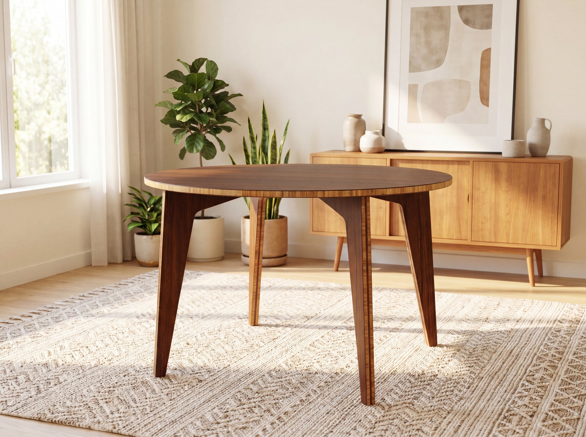 Bamboo dining table in a bright room with plants and a cabinet.