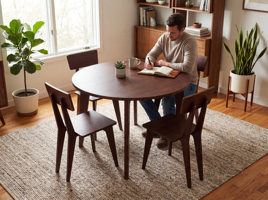 Man sitting at a bamboo dining table in a home setting with plants and books.