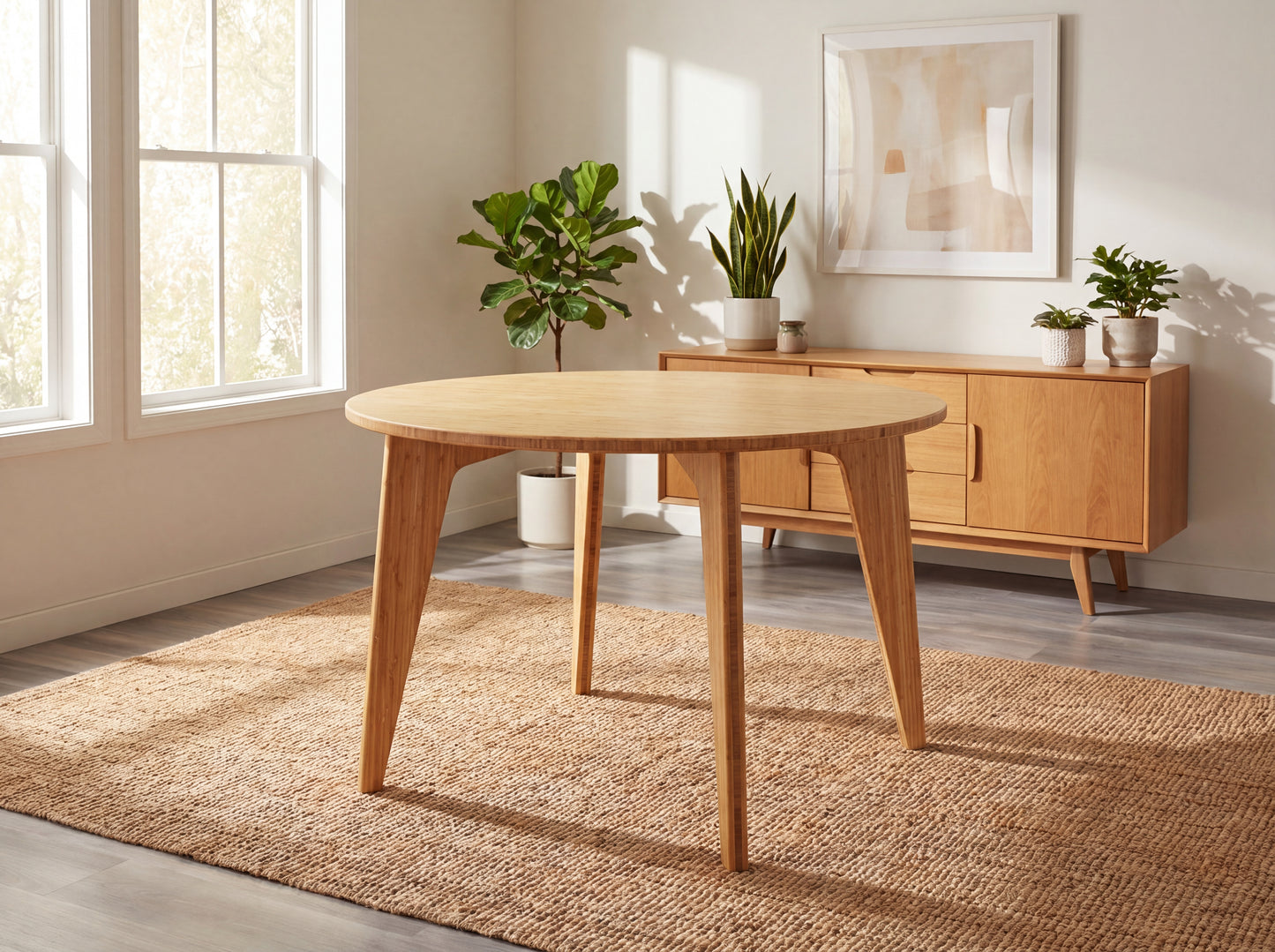 bamboo dining table in a bright room with plants and a cabinet.