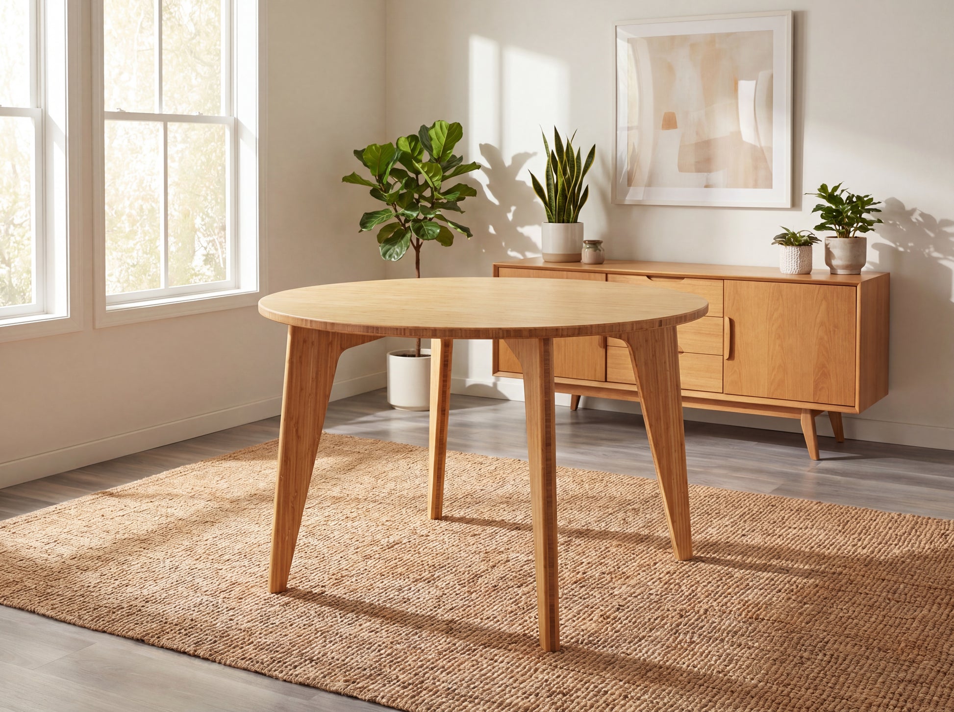 bamboo dining table in a bright room with plants and a cabinet.