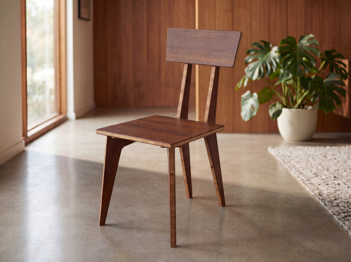 Bamboo chair in a room with a plant and large windows