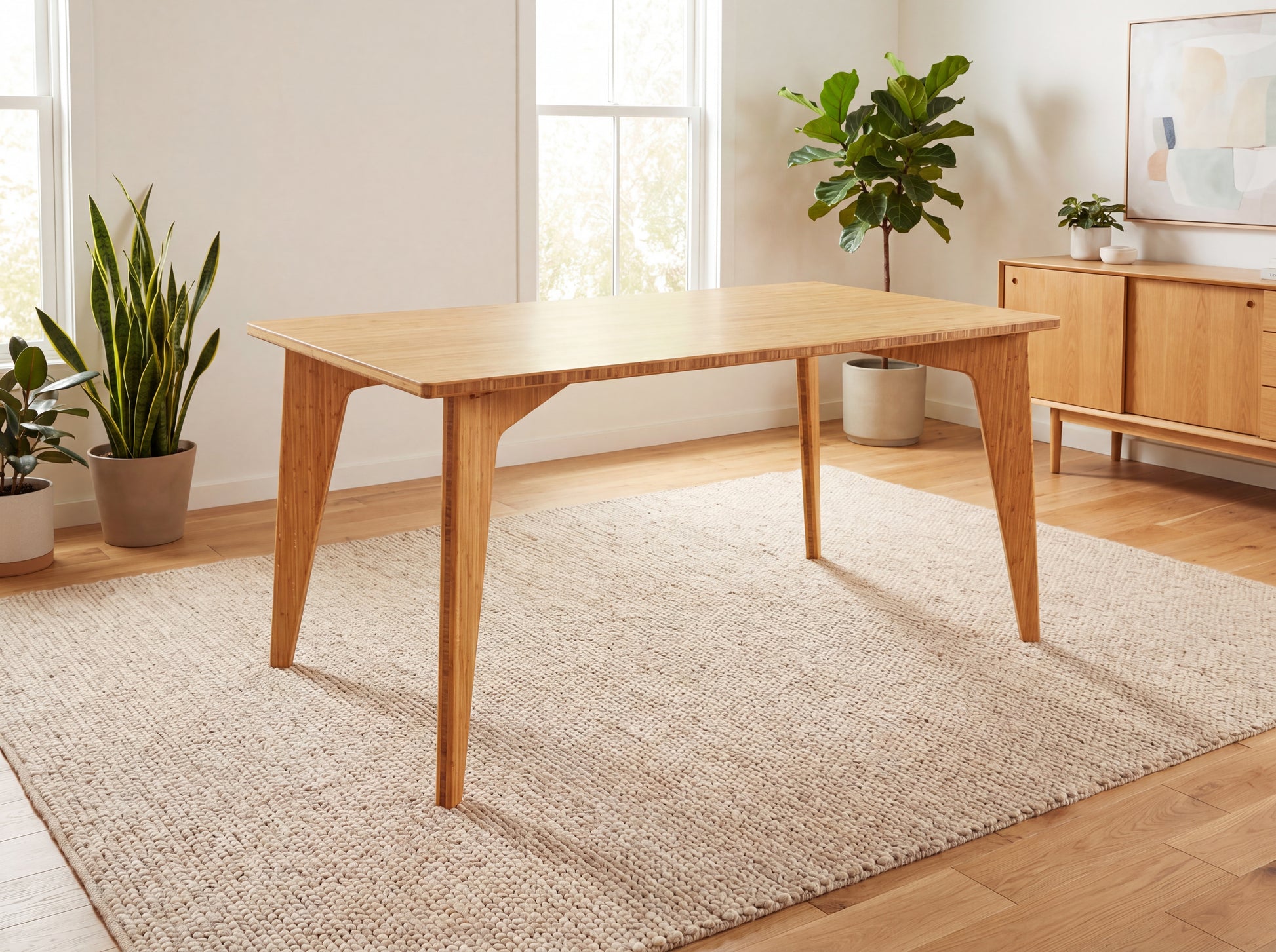 Bamboo dining table in a bright room with plants and a rug