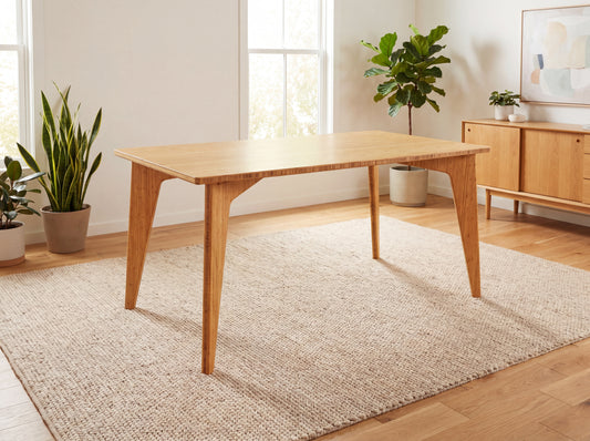 Bamboo dining table in a bright room with plants and a rug