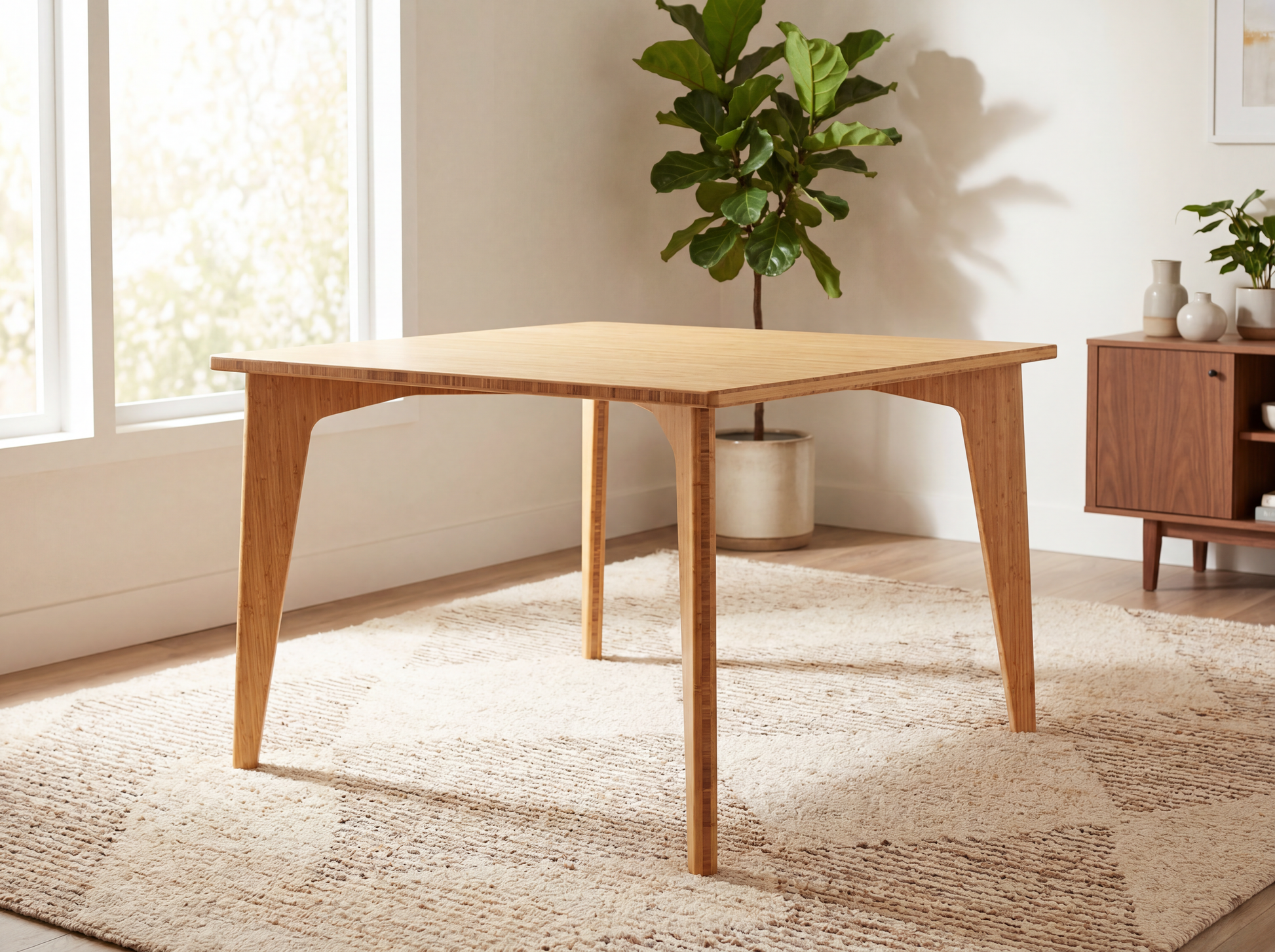 Bamboo table in a bright room with a plant and cabinet.