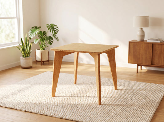 Bamboo table in a bright room with plants and a lamp