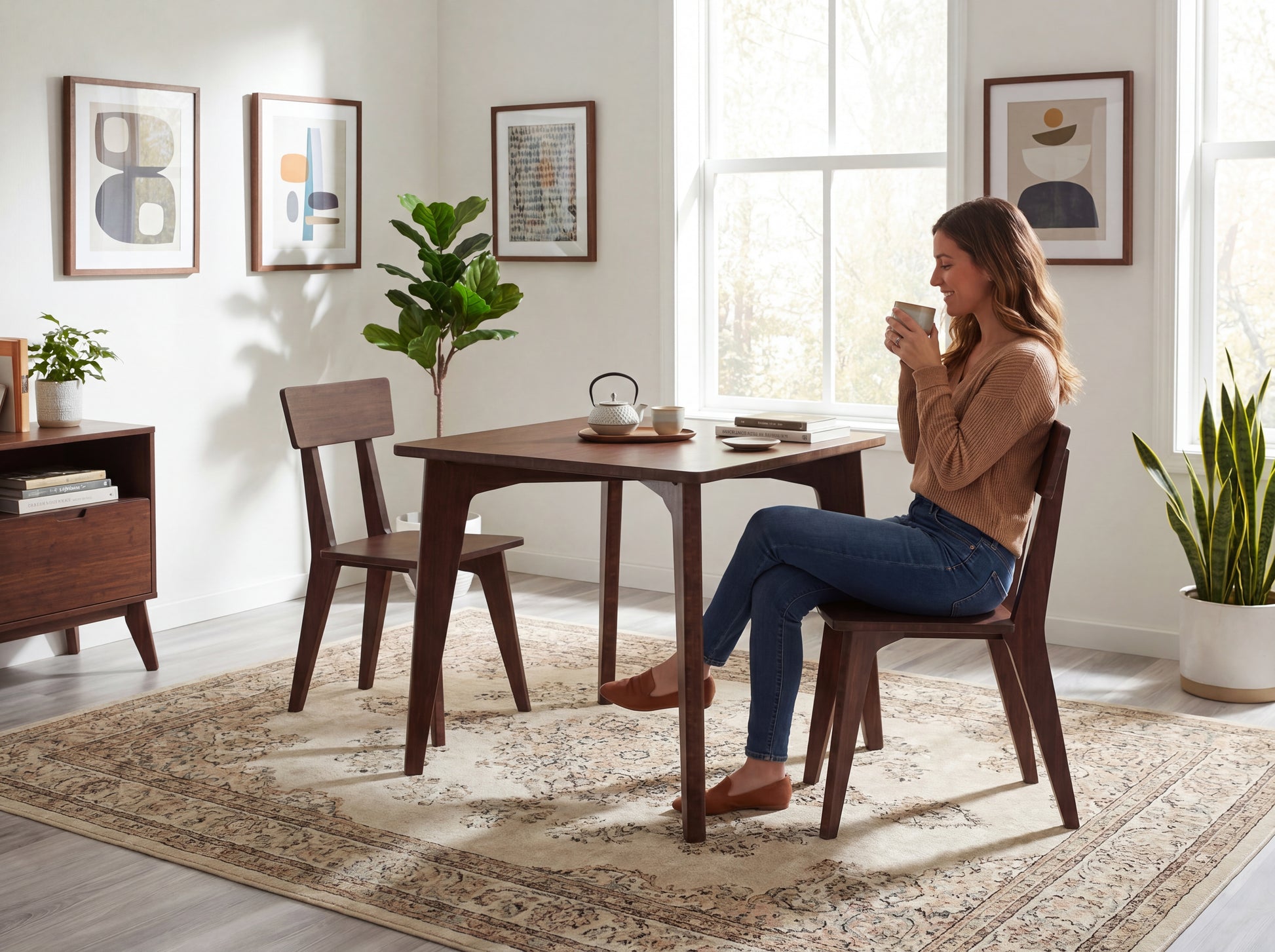 Woman sitting at a bamboo dining table in a bright room with large windows, holding a mug.