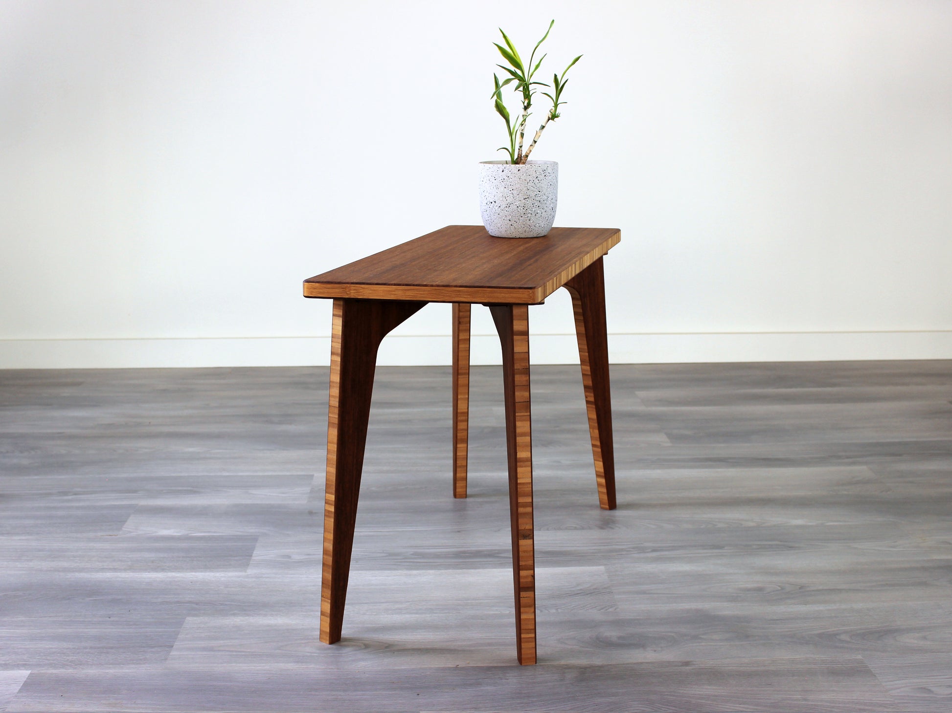 A rectangular side table with a chestnut finish bamboo top and legs, placed on a grey floor, with a white background. Small house plant in a white speckled pot on top of the table.
mid century
minimalist
japanese
coffee table
side table