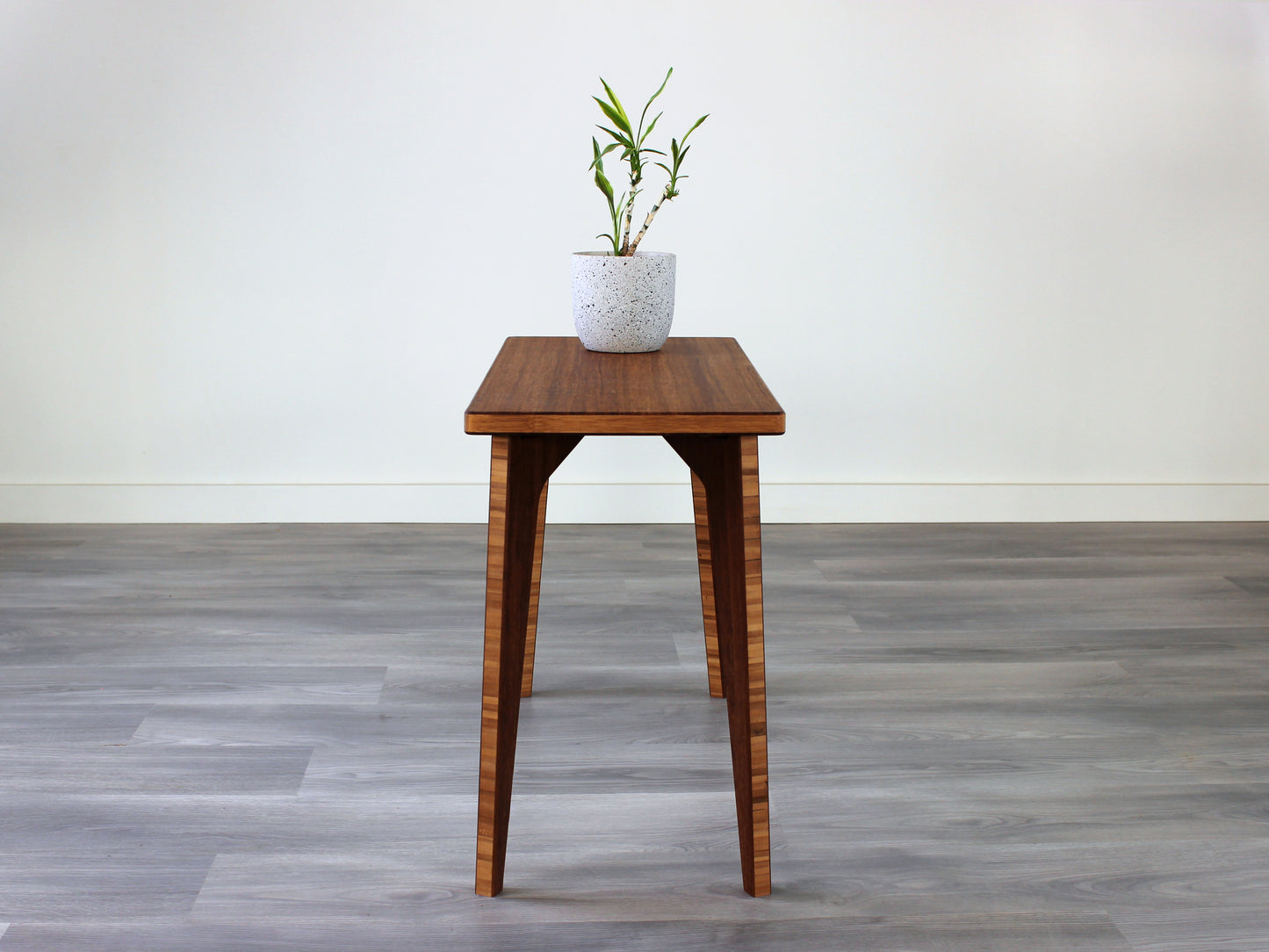 A rectangular side table with a chestnut finish bamboo top and legs, placed on a grey floor, with a white background. Small houseplant in a white speckled pot on top of the table.
mid century
minimalist
chabudai
coffee table
side table