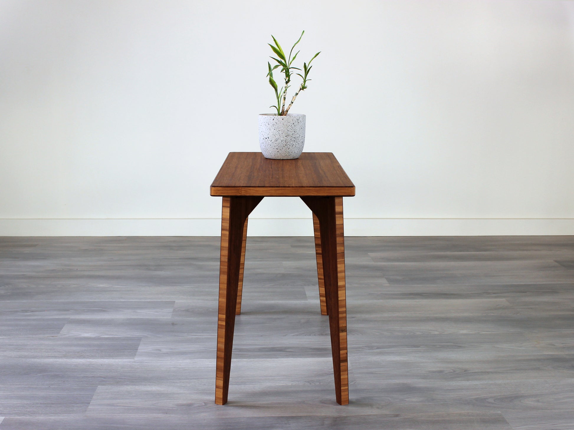 A rectangular side table with a chestnut finish bamboo top and legs, placed on a grey floor, with a white background. Small houseplant in a white speckled pot on top of the table.
mid century
minimalist
chabudai
coffee table
side table