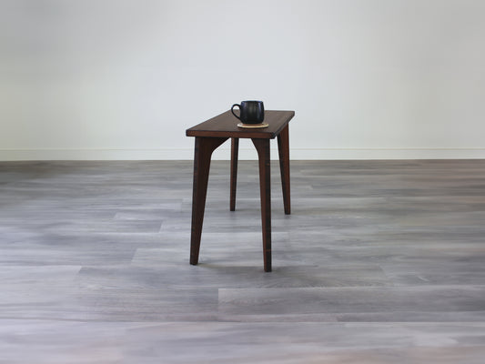 mid century
minimalist
minimalist table
modern
bamboo side table 
walnut 
coffee mug on side table