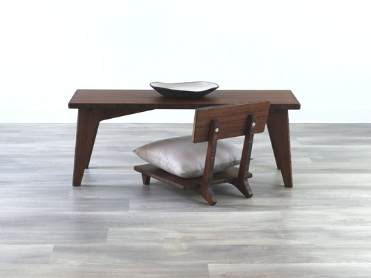 walnut bamboo coffee table, low chair with pillow, chabudai, tatami, japanese, mid-century, organic bowl on table
