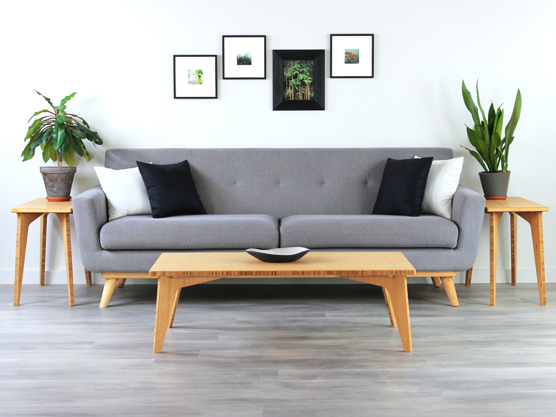 Two rectangular side tables with a natural finish bamboo top and legs, placed on a grey floor, with a white background. Set in a living room with grey couch, natural bamboo rectangle LOW table and floor chair. 

low coffee table
low dining table
low table
mid century
minimalist
minimalist table
modern
japanese furniture
japanese low table
japanese table
