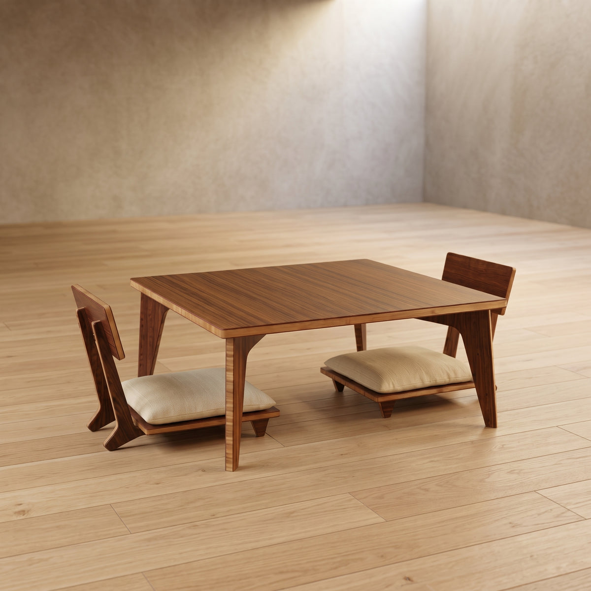 A low table set with a dark finish in a big open space. Two floor chairs with back rests are tucked in under the table.