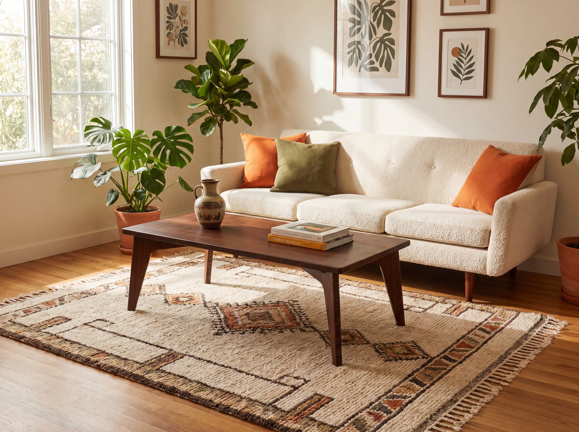 bamboo walnut coffee table in front of white couch with throw pillows.