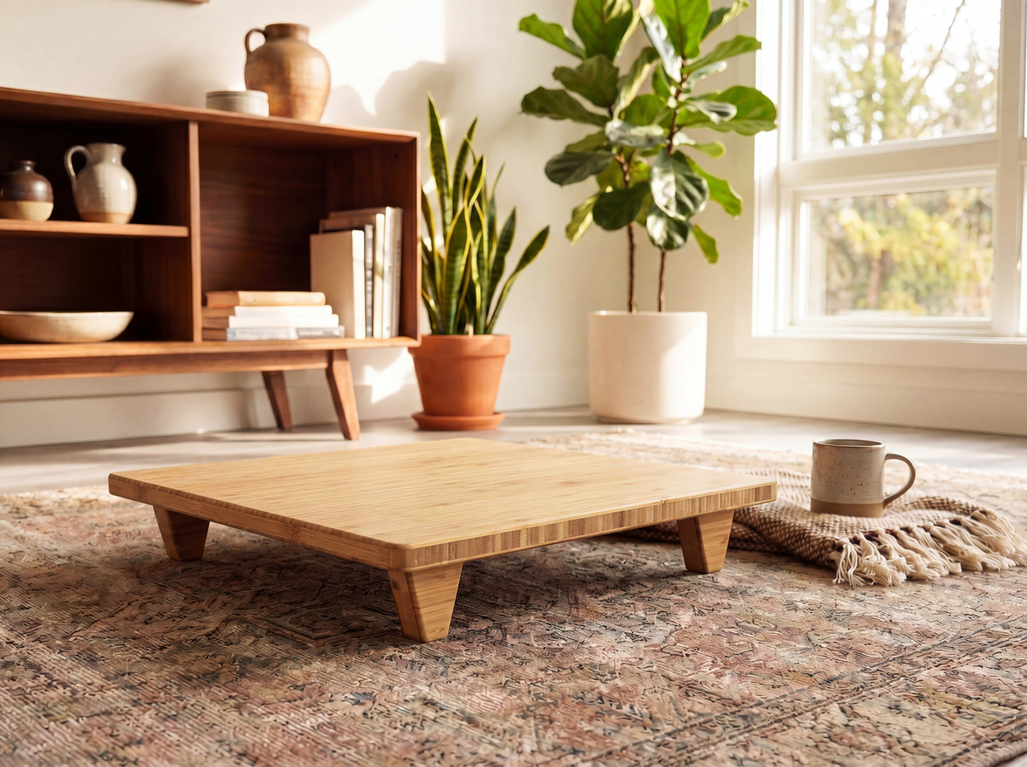 Bamboo low chair/stool in a living room with plants and a rug

Meditation Chair 
Japanese Tea Table 
Kotatsu
low chair
posture support 
ergonomic 
minimilist 