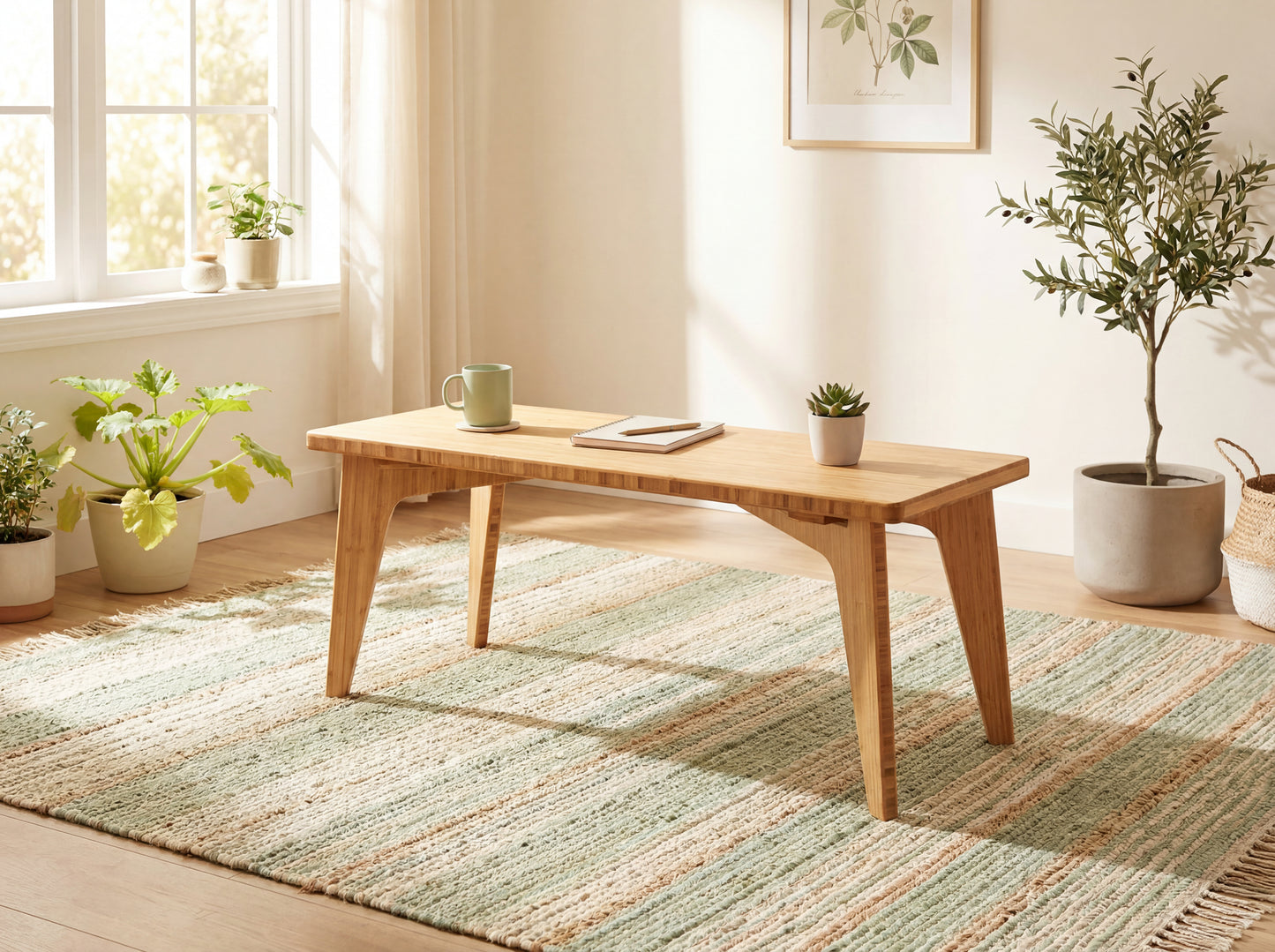 Bamboo floor desk in a bright living room with plants and decor