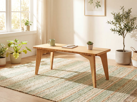 Bamboo floor desk in a bright living room with plants and decor